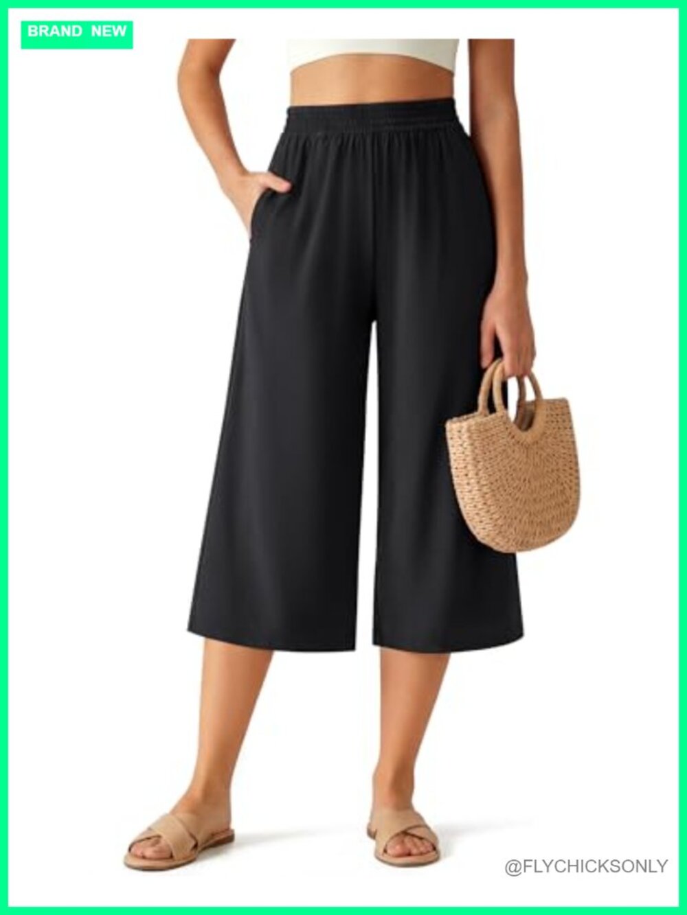 Flowy Wide Leg Capri Pants Lightweight Quick Dry Elastic Waist Side Pockets